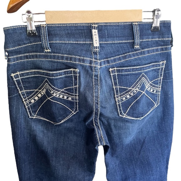 Ariat Real Mid-Rise Blue Boot Cut Jeans with Medium Wash Large Stitching - Picture 3 of 13